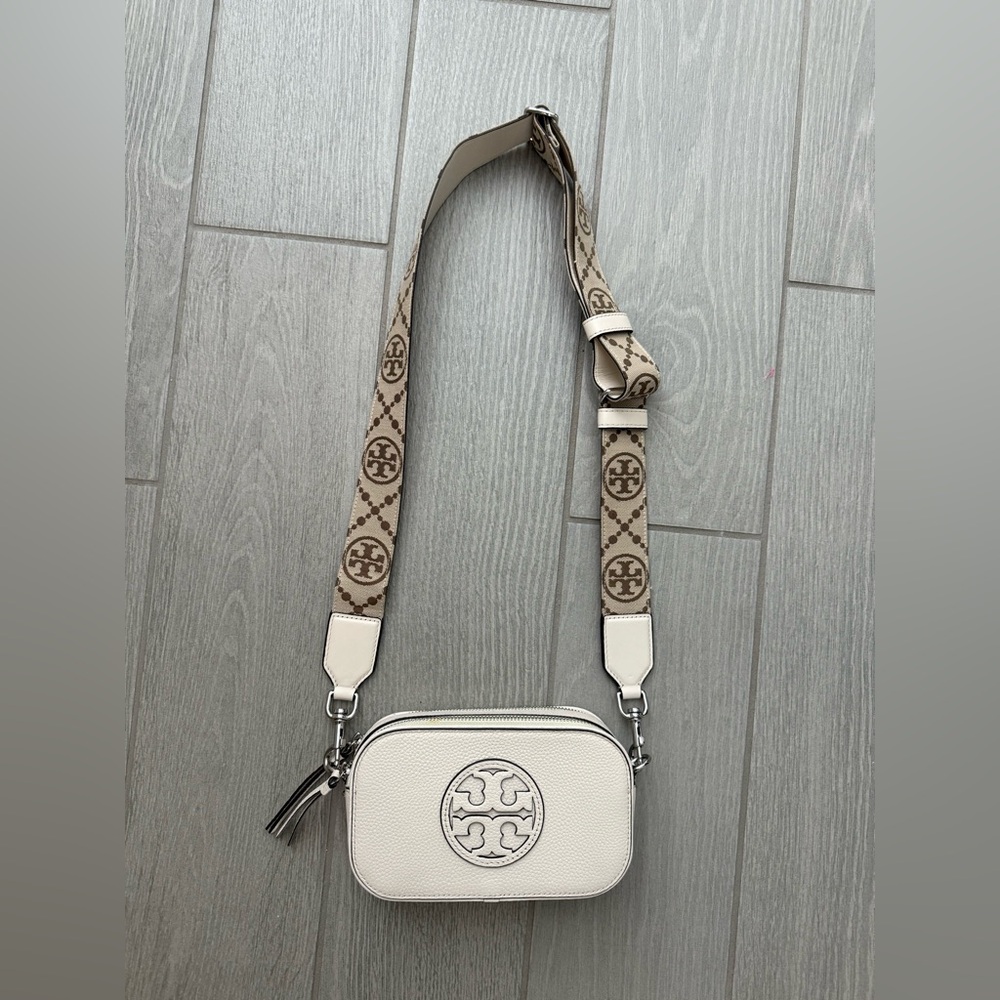 Tory Burch Mini Miller Cream Crossbody Bag with Brown Strap
